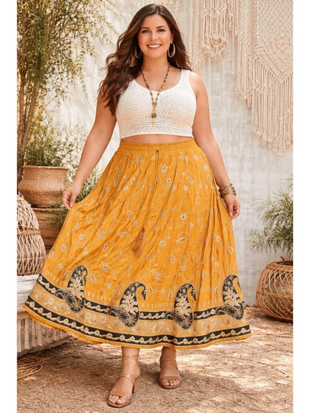 Soft Surroundings Mustard Maxi Skirt Floral Embroidery Paisley 2X Boho Chick